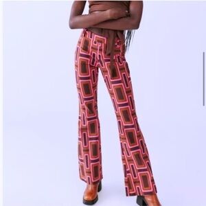 Urban Outfitters | Eva Bengaline Flare Pant Brown Geometric Mod Retro 60s New 6